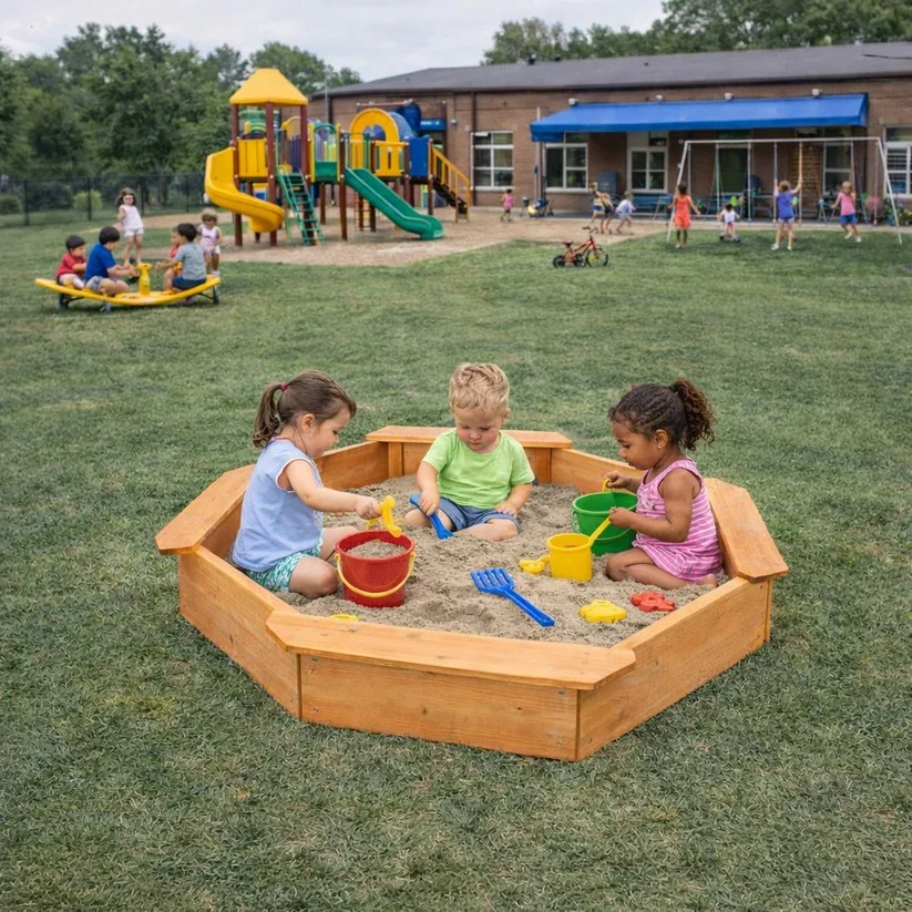 Ginger Home Nisipar din lemn pentru copii Octogonal 134.5x134.5 cm cu 4 bancute integratefolie pentru baza inclusaperfect pentru curtegradinagradiniteloc de joaca