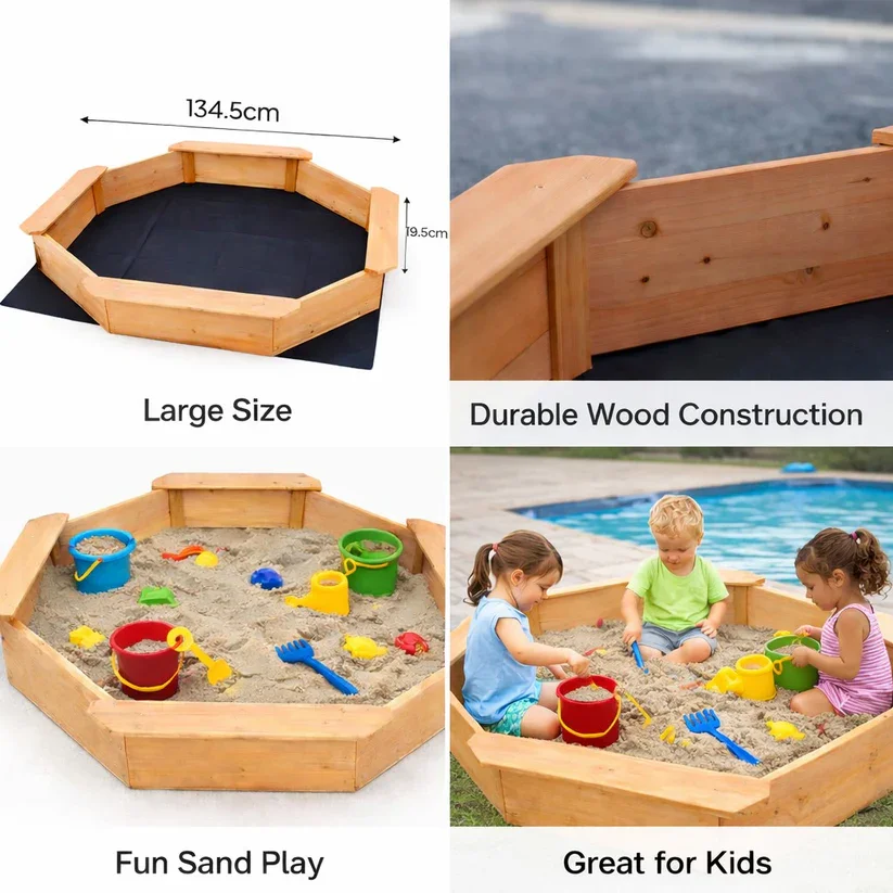Ginger Home Nisipar din lemn pentru copii Octogonal 134.5x134.5 cm cu 4 bancute integratefolie pentru baza inclusaperfect pentru curtegradinagradiniteloc de joaca