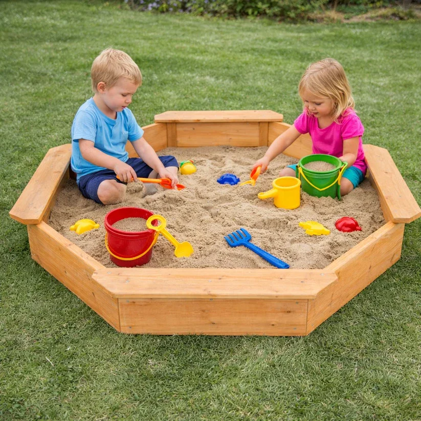 Ginger Home Nisipar din lemn pentru copii Octogonal 134.5x134.5 cm cu 4 bancute integratefolie pentru baza inclusaperfect pentru curtegradinagradiniteloc de joaca