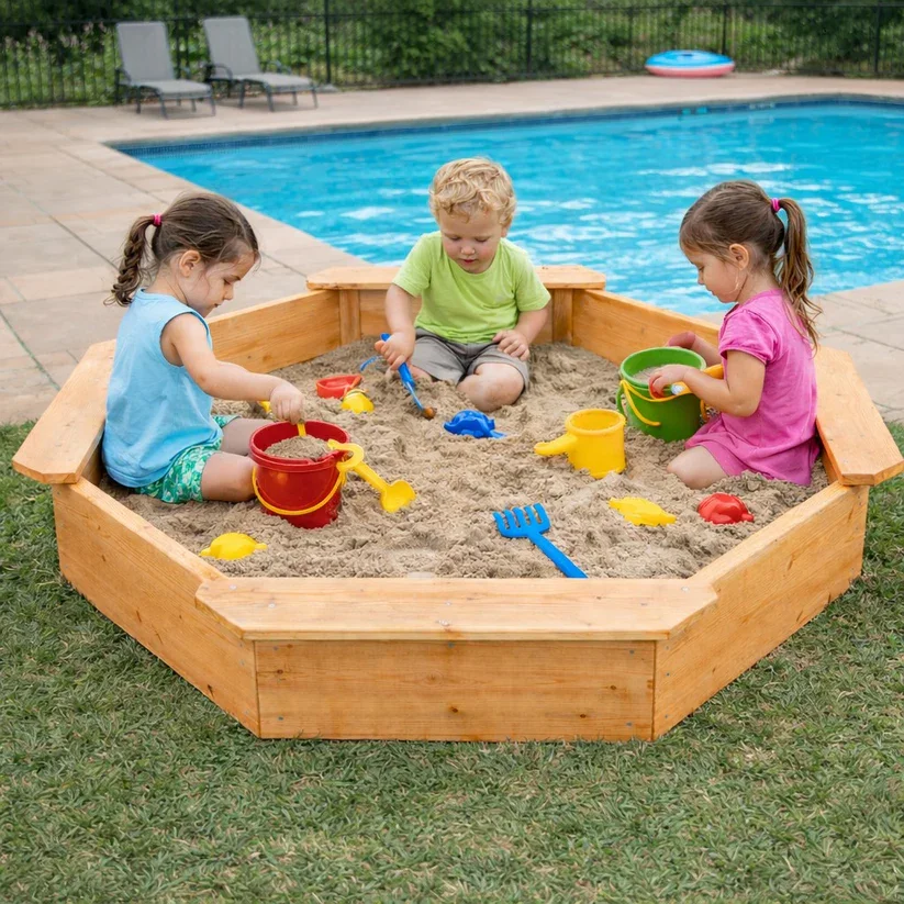 Ginger Home Nisipar din lemn pentru copii Octogonal 134.5x134.5 cm cu 4 bancute integratefolie pentru baza inclusaperfect pentru curtegradinagradiniteloc de joaca