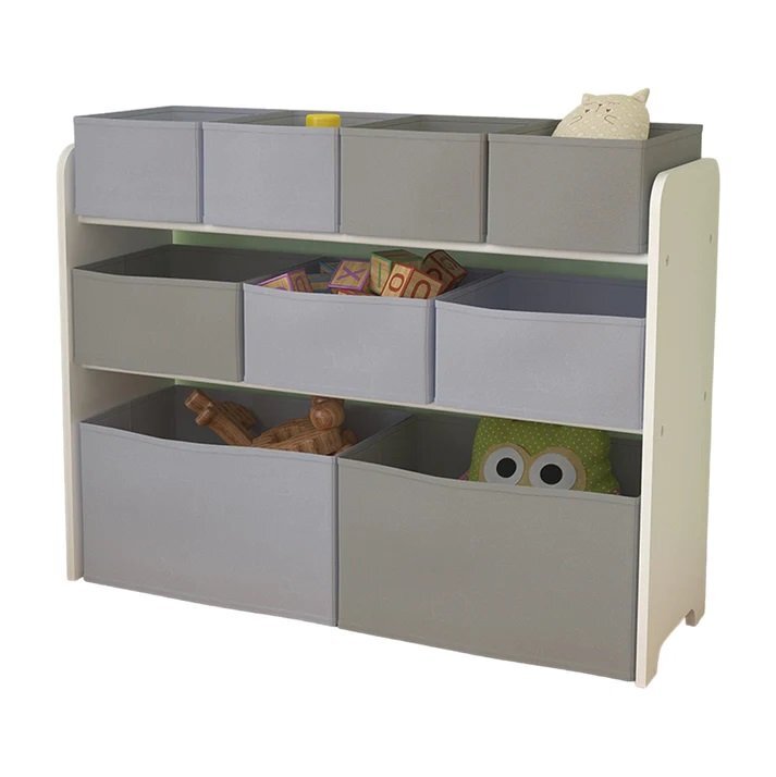 Ginger Home Organizator copii din lemn AlbGri pentru jucarii cu 2 cutii mari 3 medii si 4 mici textile detasabilecolturi si margini rotunjite dimensiuni 825x293x60 cm