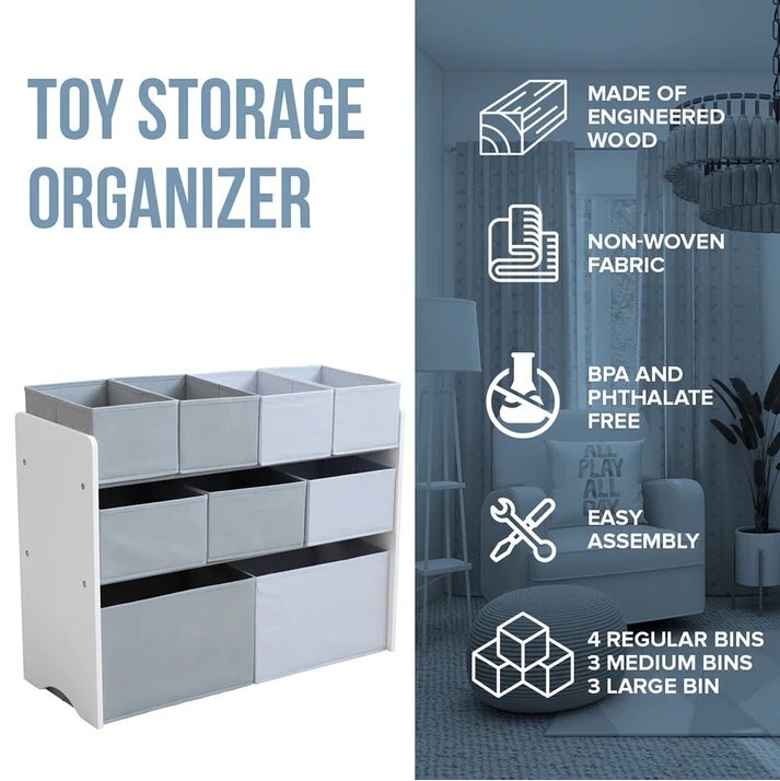 Ginger Home Organizator copii din lemn AlbGri pentru jucarii cu 2 cutii mari 3 medii si 4 mici textile detasabilecolturi si margini rotunjite dimensiuni 825x293x60 cm