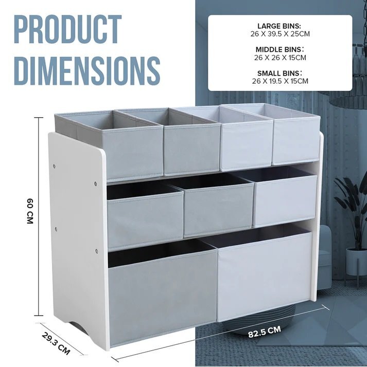 Ginger Home Organizator copii din lemn AlbGri pentru jucarii cu 2 cutii mari 3 medii si 4 mici textile detasabilecolturi si margini rotunjite dimensiuni 825x293x60 cm