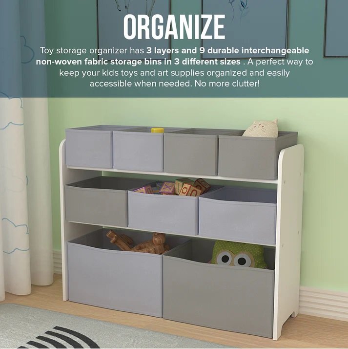 Ginger Home Organizator copii din lemn AlbGri pentru jucarii cu 2 cutii mari 3 medii si 4 mici textile detasabilecolturi si margini rotunjite dimensiuni 825x293x60 cm