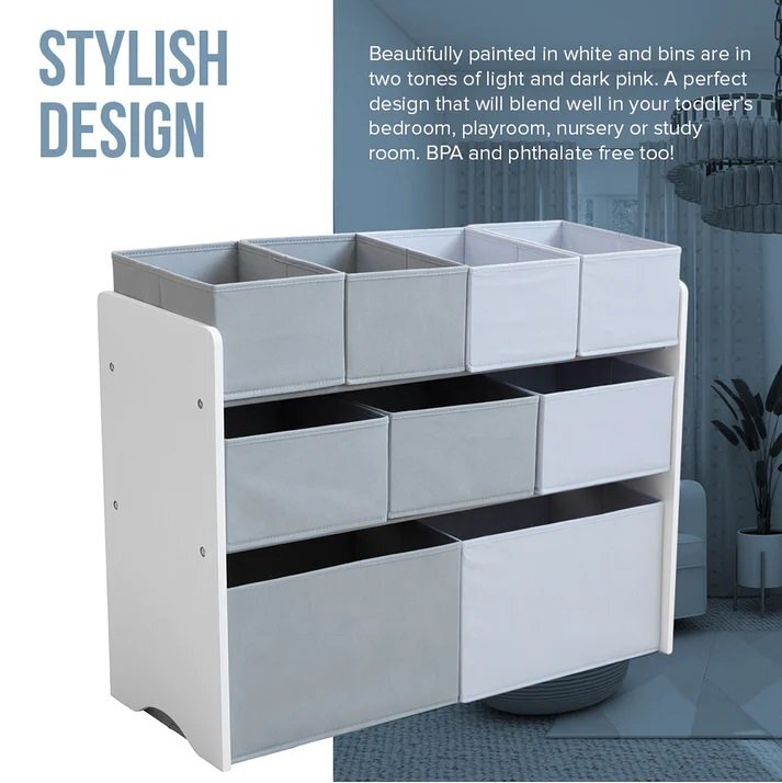 Ginger Home Organizator copii din lemn AlbGri pentru jucarii cu 2 cutii mari 3 medii si 4 mici textile detasabilecolturi si margini rotunjite dimensiuni 825x293x60 cm