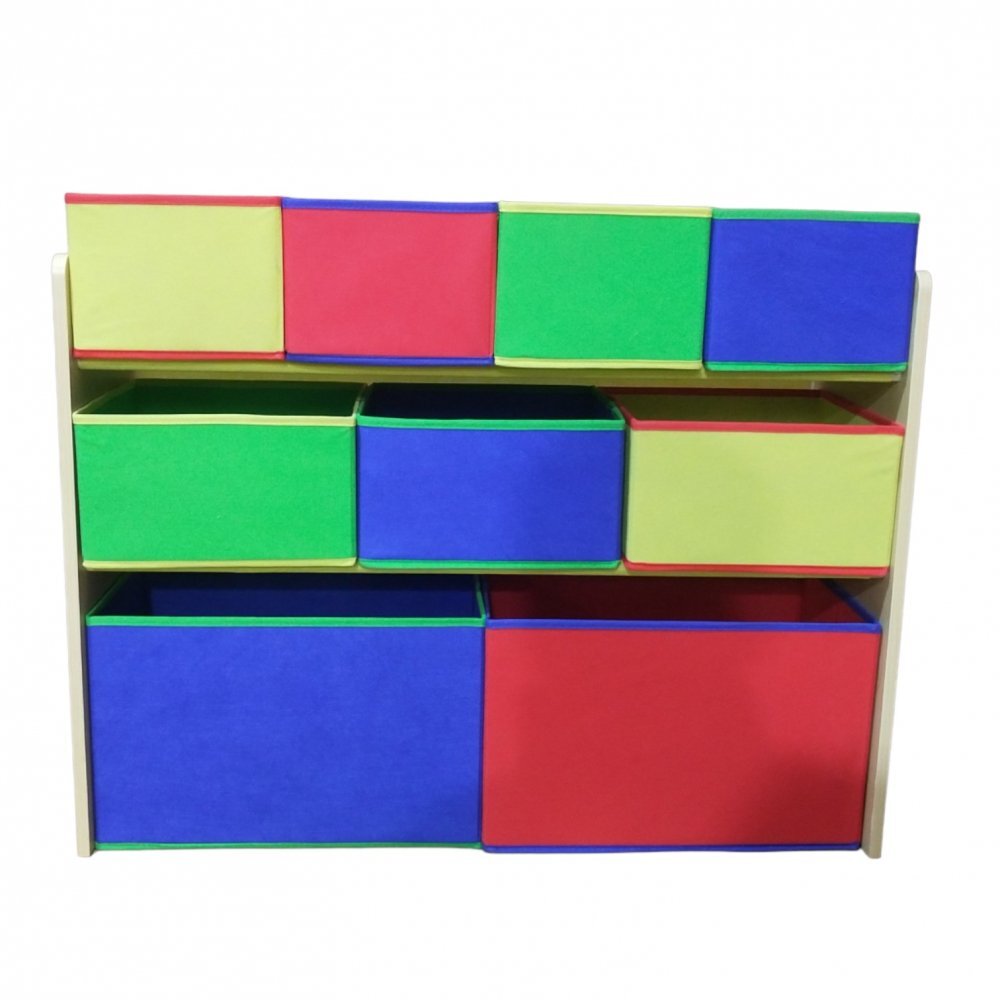 Ginger Home Organizator copii din lemn Color pentru jucarii cu 2 cutii mari 3 medii si 4 mici textile detasabilecolturi si margini rotunjite dimensiuni 825x293x60 cm