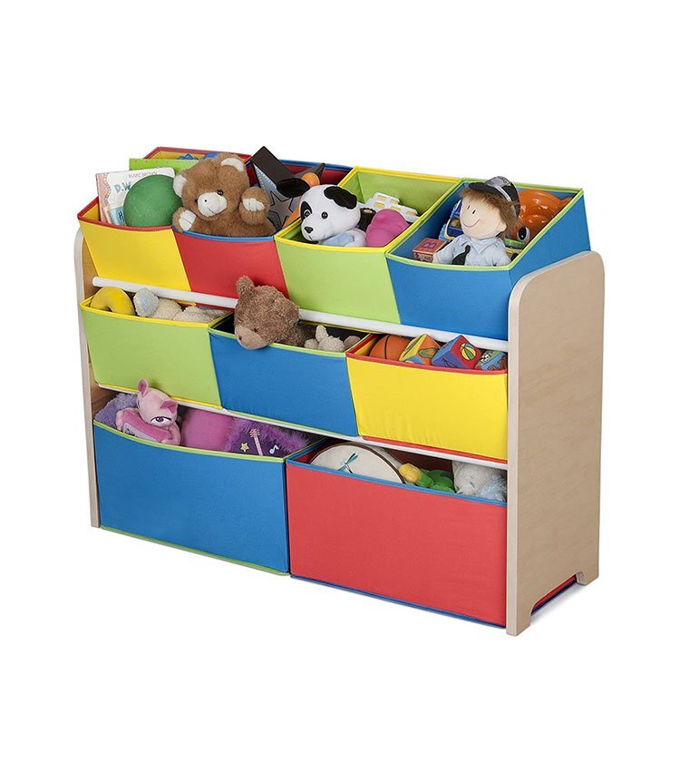 Ginger Home Organizator copii din lemn Color pentru jucarii cu 2 cutii mari 3 medii si 4 mici textile detasabilecolturi si margini rotunjite dimensiuni 825x293x60 cm
