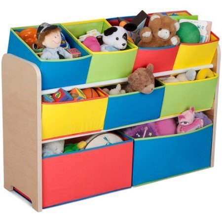 Ginger Home Organizator copii din lemn Color pentru jucarii cu 2 cutii mari 3 medii si 4 mici textile detasabilecolturi si margini rotunjite dimensiuni 825x293x60 cm