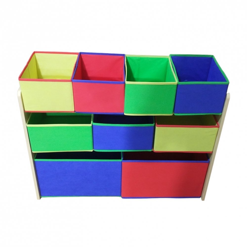 Ginger Home Organizator copii din lemn Color pentru jucarii cu 2 cutii mari 3 medii si 4 mici textile detasabilecolturi si margini rotunjite dimensiuni 825x293x60 cm