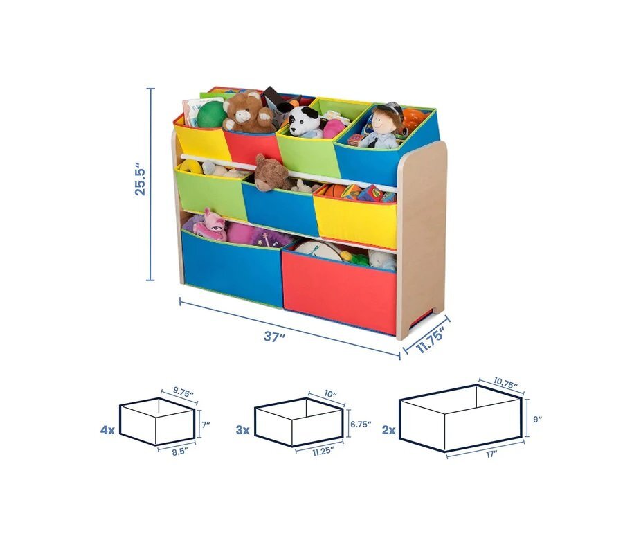 Ginger Home Organizator copii din lemn Color pentru jucarii cu 2 cutii mari 3 medii si 4 mici textile detasabilecolturi si margini rotunjite dimensiuni 825x293x60 cm