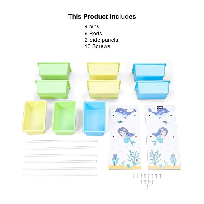 Ginger Home Organizator copii din lemn si MDF Mermaid pentru jucarii cu 9 cutii detasabile din plasticdimensiuni 623x265x60 cmmateriale sigurecolturi si margini rotunjite