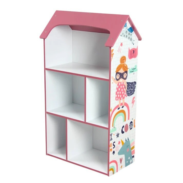 Ginger Home Organizator copii Super Girl tip casuta din lemn pentru jucarii si carti cu 5 compartimente cadru robust din MDF cu colturi si margini rotunjitedimensiuni 54x27x915 cm
