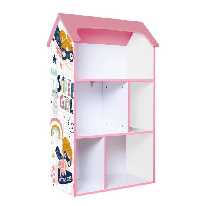 Ginger Home Organizator copii Super Girl tip casuta din lemn pentru jucarii si carti cu 5 compartimente cadru robust din MDF cu colturi si margini rotunjitedimensiuni 54x27x915 cm
