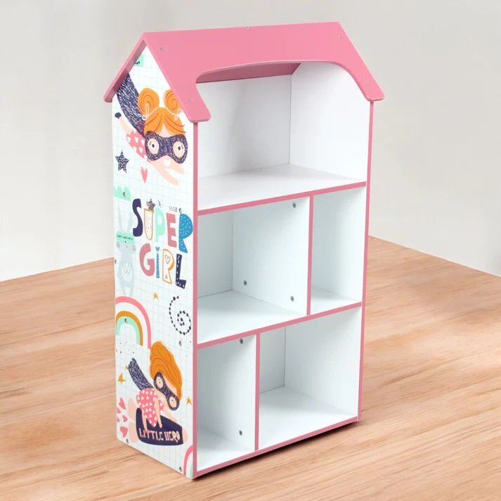 Ginger Home Organizator copii Super Girl tip casuta din lemn pentru jucarii si carti cu 5 compartimente cadru robust din MDF cu colturi si margini rotunjitedimensiuni 54x27x915 cm