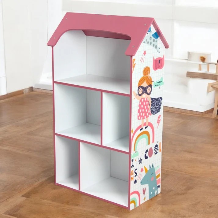 Ginger Home Organizator copii Super Girl tip casuta din lemn pentru jucarii si carti cu 5 compartimente cadru robust din MDF cu colturi si margini rotunjitedimensiuni 54x27x915 cm
