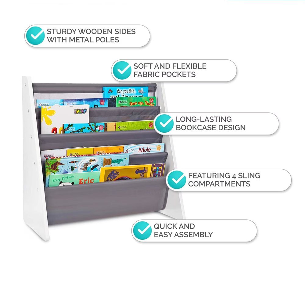Ginger Home Organizator copii WhiteGrey cu rafturi pentru carti si revistematerial MDFtextilpotrivit pentru camera de zi birou centre pentru copii si gradinite dimensiune 627x28x60cm