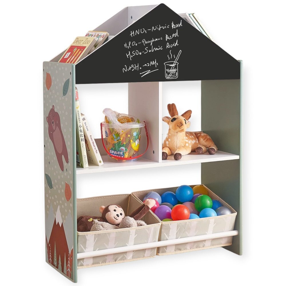 Ginger Home Organizator din lemn cu 2 cutii textile rafturi si tabla Forest