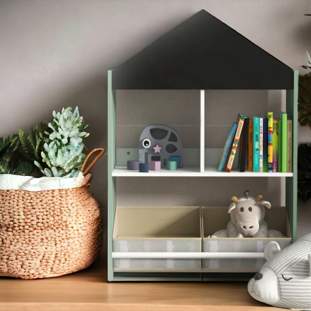 Ginger Home Organizator din lemn cu 2 cutii textile rafturi si tabla Forest