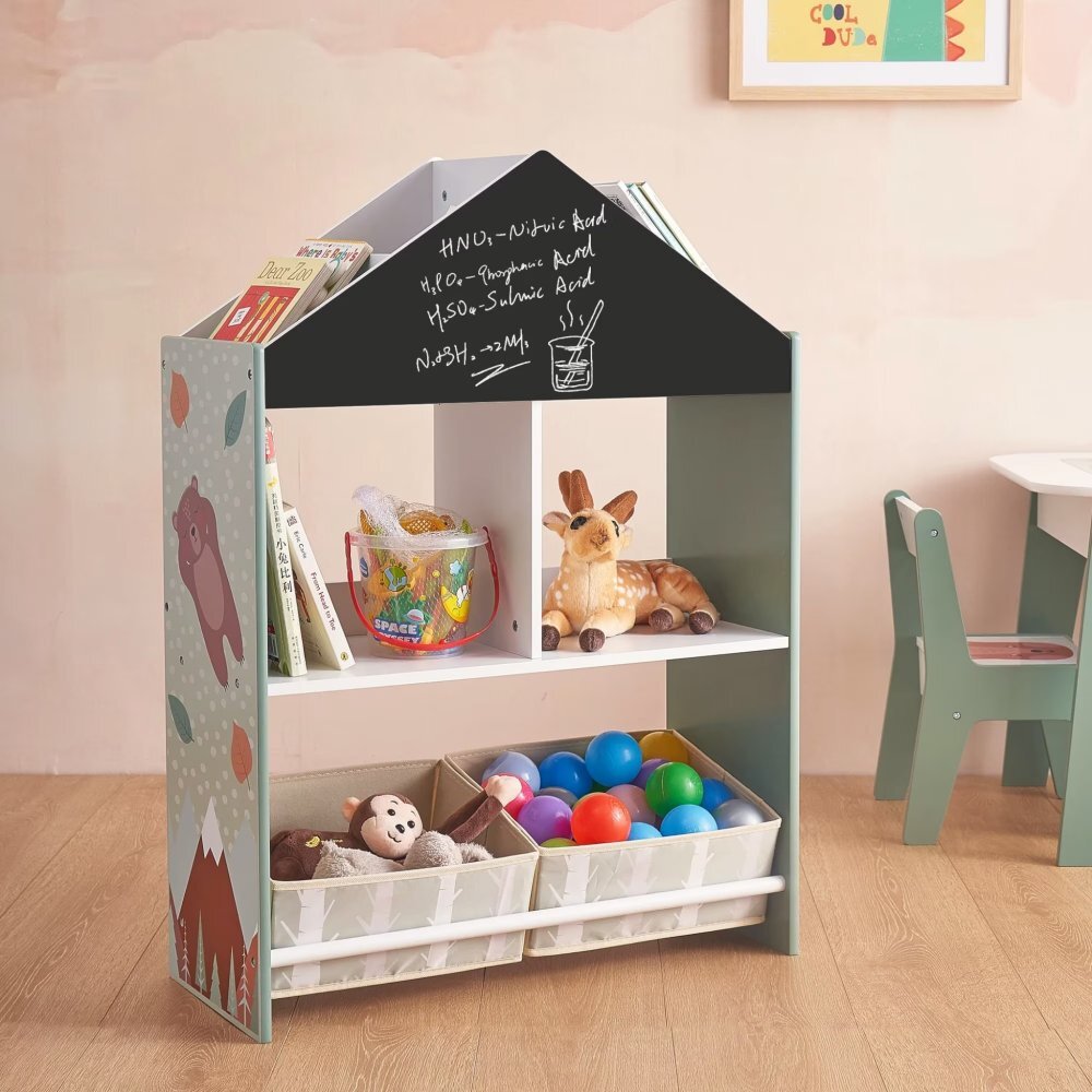 Ginger Home Organizator din lemn cu 2 cutii textile rafturi si tabla Forest