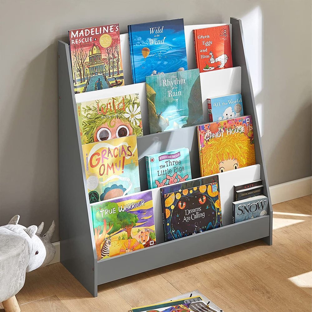Ginger Home Organizator din lemn pentru copii AlbGri cu 4 rafturi pentru carti si reviste61x30x70 cm