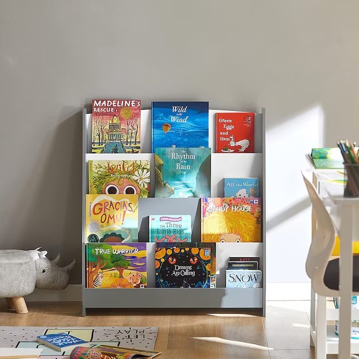 Ginger Home Organizator din lemn pentru copii AlbGri cu 4 rafturi pentru carti si reviste61x30x70 cm