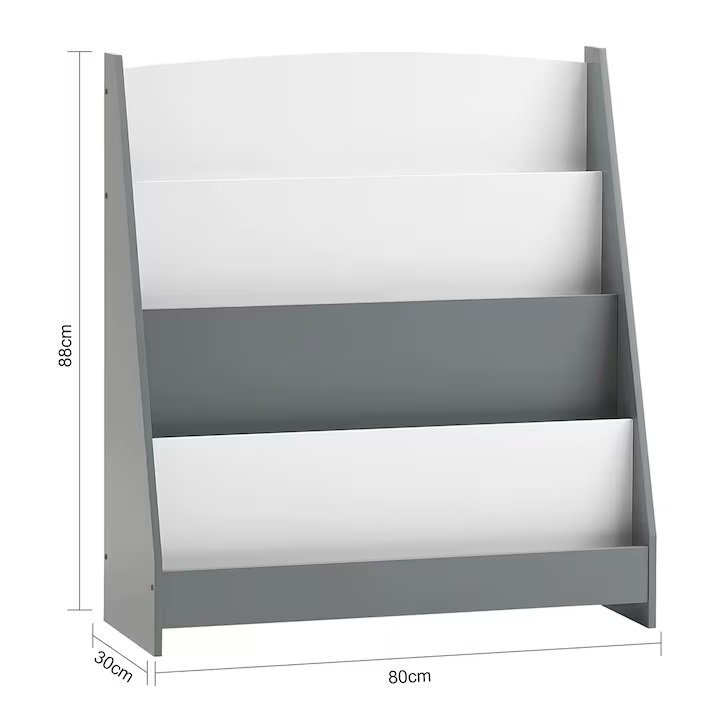 Ginger Home Organizator din lemn pentru copii AlbGri cu 4 rafturi pentru carti si reviste61x30x70 cm