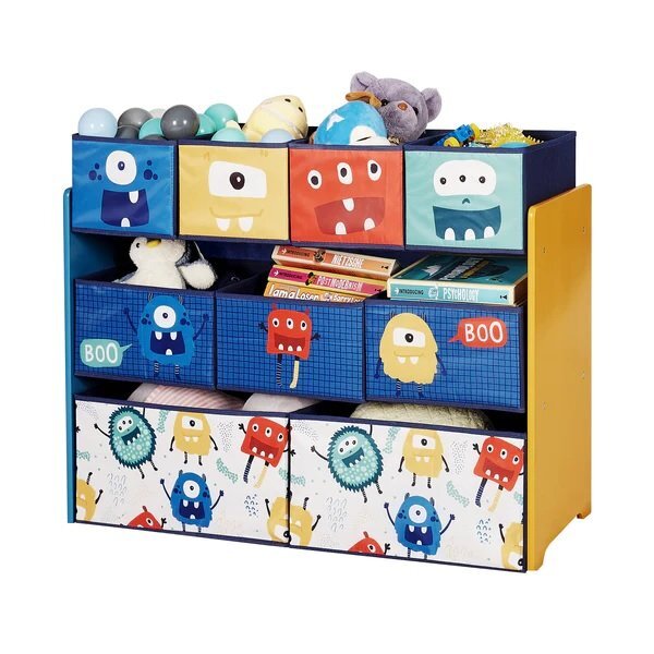 Ginger Home Organizator din lemn pentru copii Monster pentru jucarii cu 9 cutii textile detasabilecolturi si margini rotunjitedimensiune 92x30x60 cm