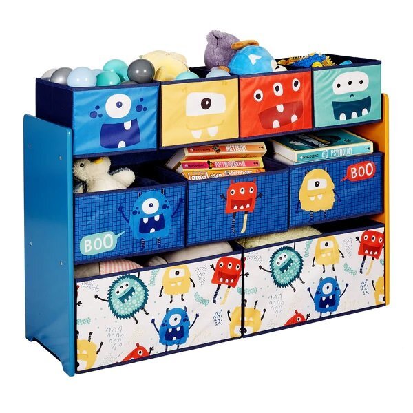 Ginger Home Organizator din lemn pentru copii Monster pentru jucarii cu 9 cutii textile detasabilecolturi si margini rotunjitedimensiune 92x30x60 cm