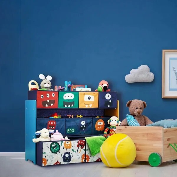 Ginger Home Organizator din lemn pentru copii Monster pentru jucarii cu 9 cutii textile detasabilecolturi si margini rotunjitedimensiune 92x30x60 cm