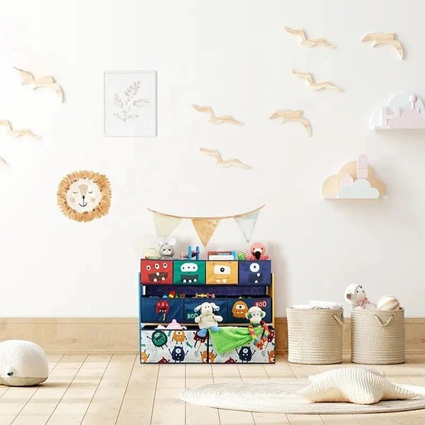 Ginger Home Organizator din lemn pentru copii Monster pentru jucarii cu 9 cutii textile detasabilecolturi si margini rotunjitedimensiune 92x30x60 cm