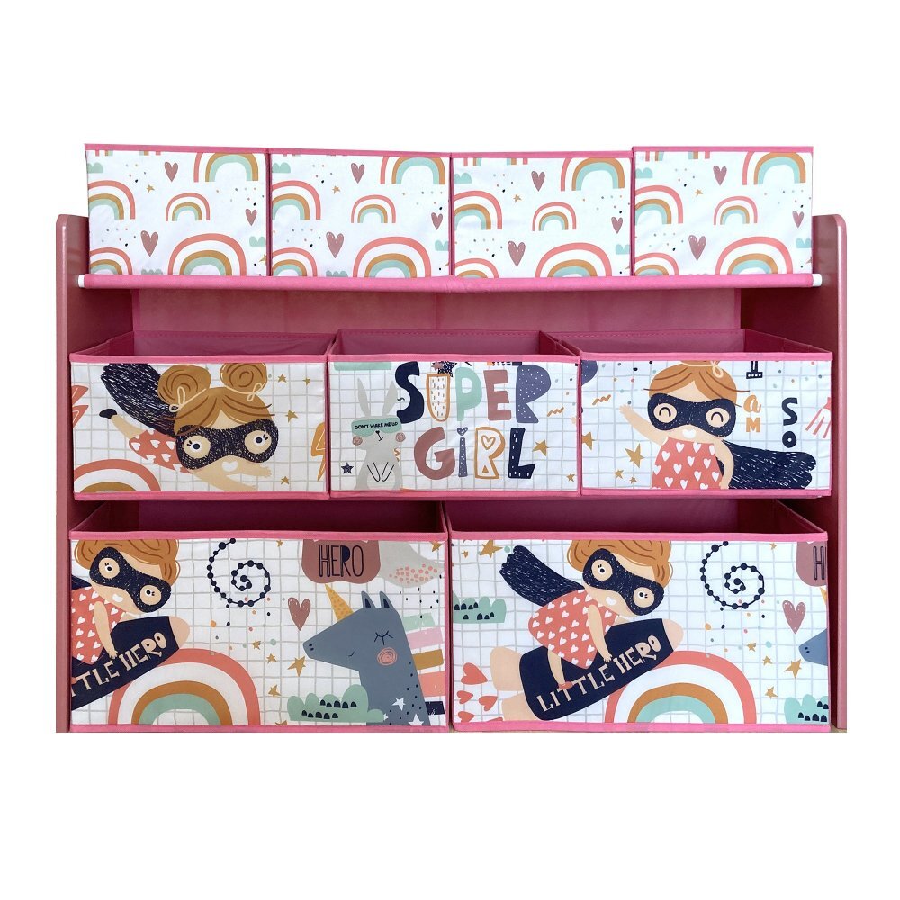 Ginger Home Organizator din lemn pentru copii Super Girl pentru jucarii cu 9 cutii textile detasabilecolturi si margini rotunjitedimensiune 92x30x60 cm