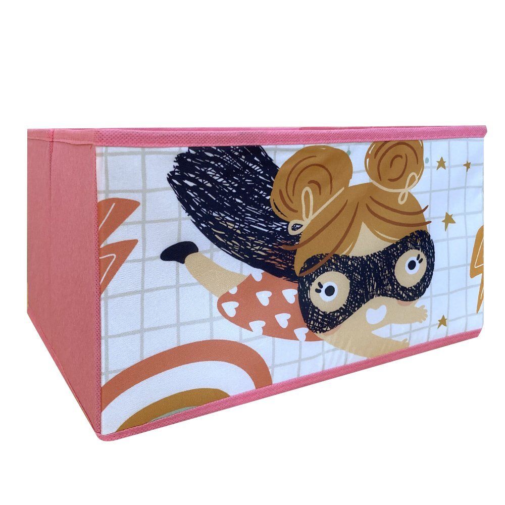 Ginger Home Organizator din lemn pentru copii Super Girl pentru jucarii cu 9 cutii textile detasabilecolturi si margini rotunjitedimensiune 92x30x60 cm