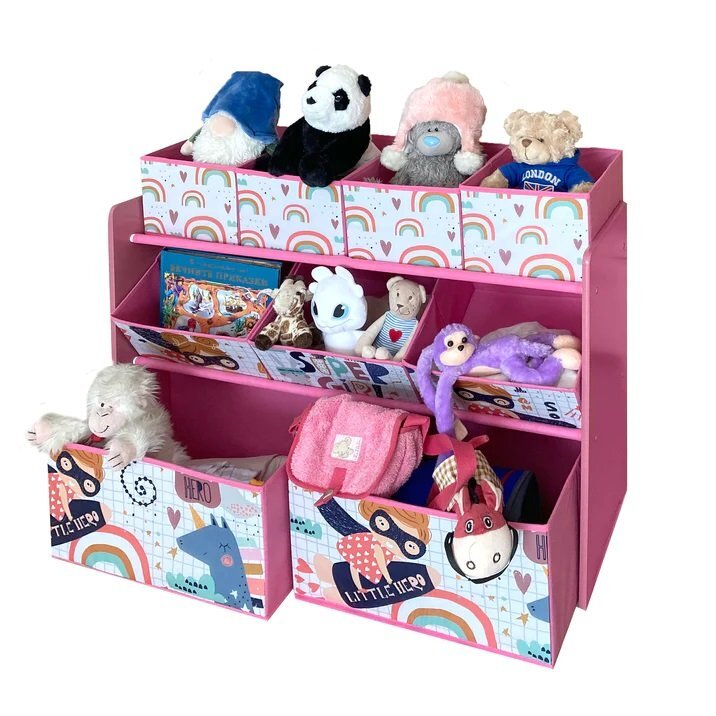 Ginger Home Organizator din lemn pentru copii Super Girl pentru jucarii cu 9 cutii textile detasabilecolturi si margini rotunjitedimensiune 92x30x60 cm