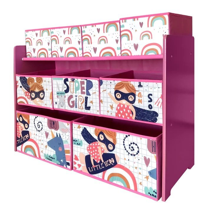 Ginger Home Organizator din lemn pentru copii Super Girl pentru jucarii cu 9 cutii textile detasabilecolturi si margini rotunjitedimensiune 92x30x60 cm
