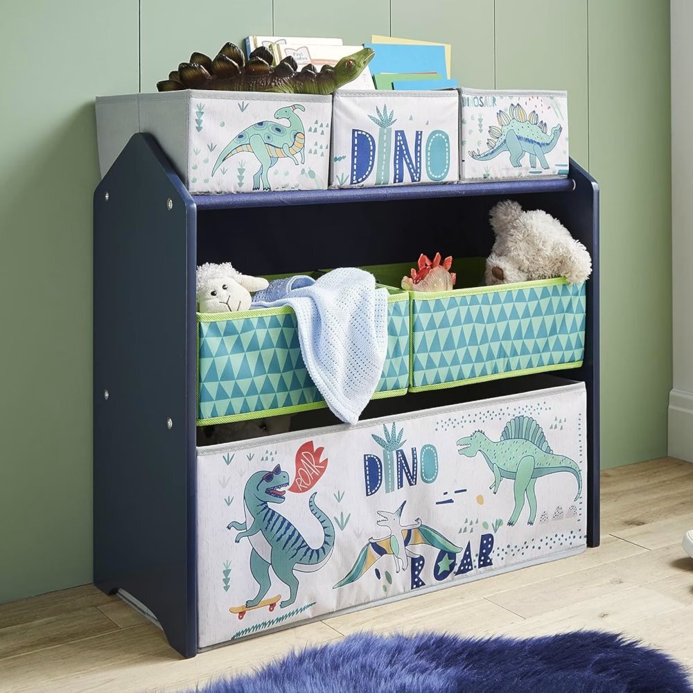 Ginger Home Organizator din lemn pentru jucarii cu 6 cutii textile Dinosaur