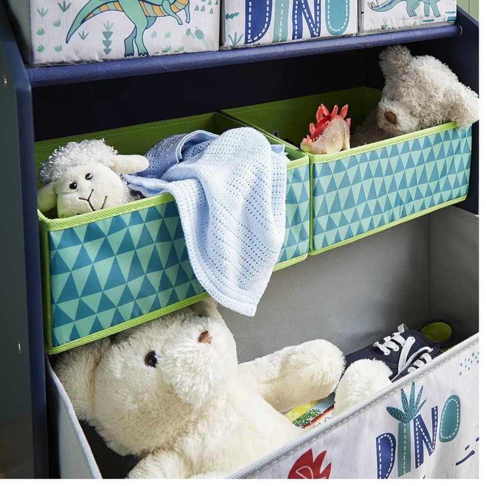 Ginger Home Organizator din lemn pentru jucarii cu 6 cutii textile Dinosaur