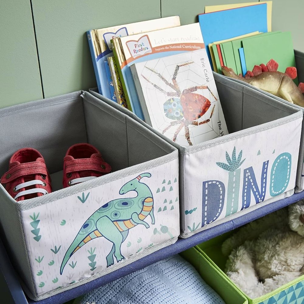 Ginger Home Organizator din lemn pentru jucarii cu 6 cutii textile Dinosaur