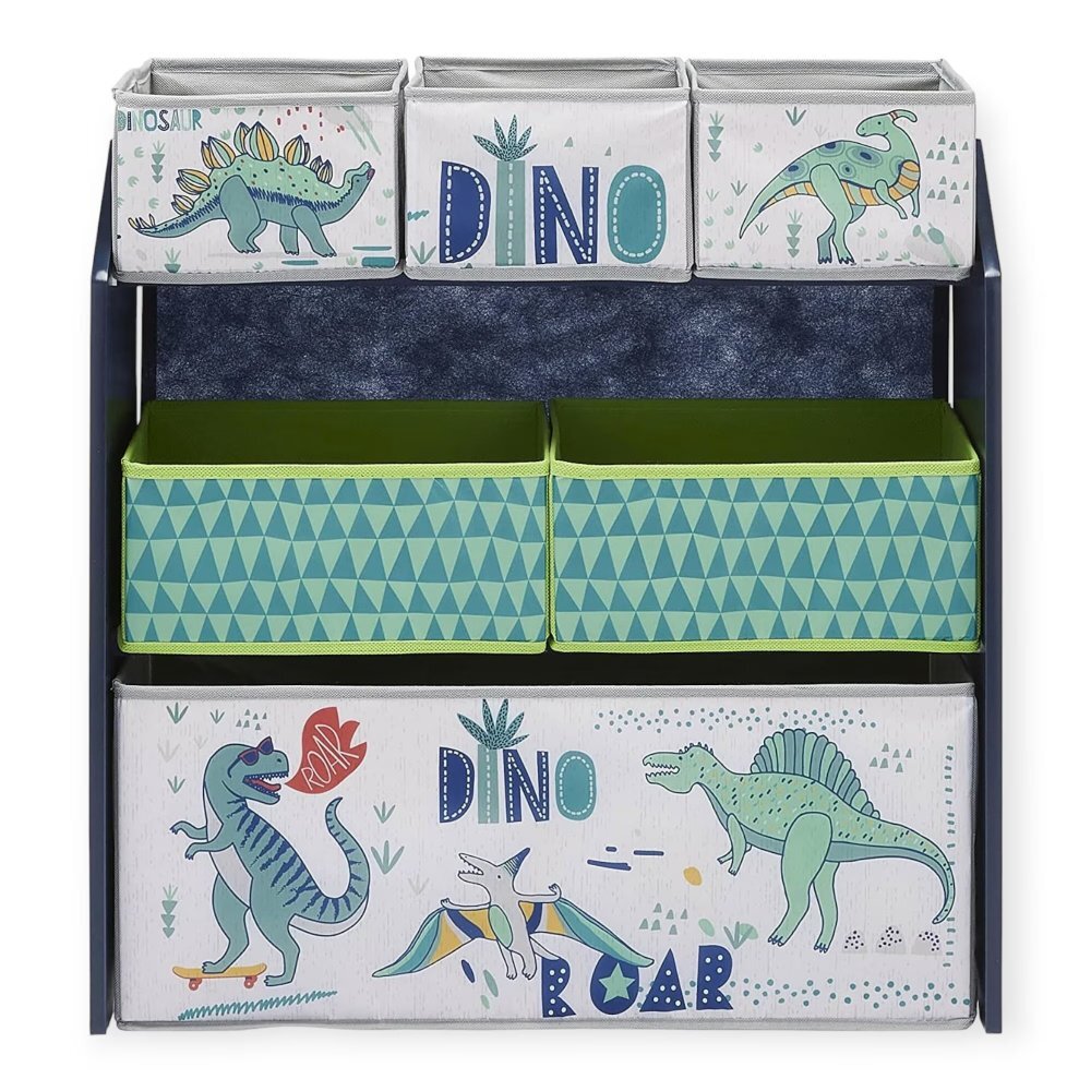 Ginger Home Organizator din lemn pentru jucarii cu 6 cutii textile Dinosaur