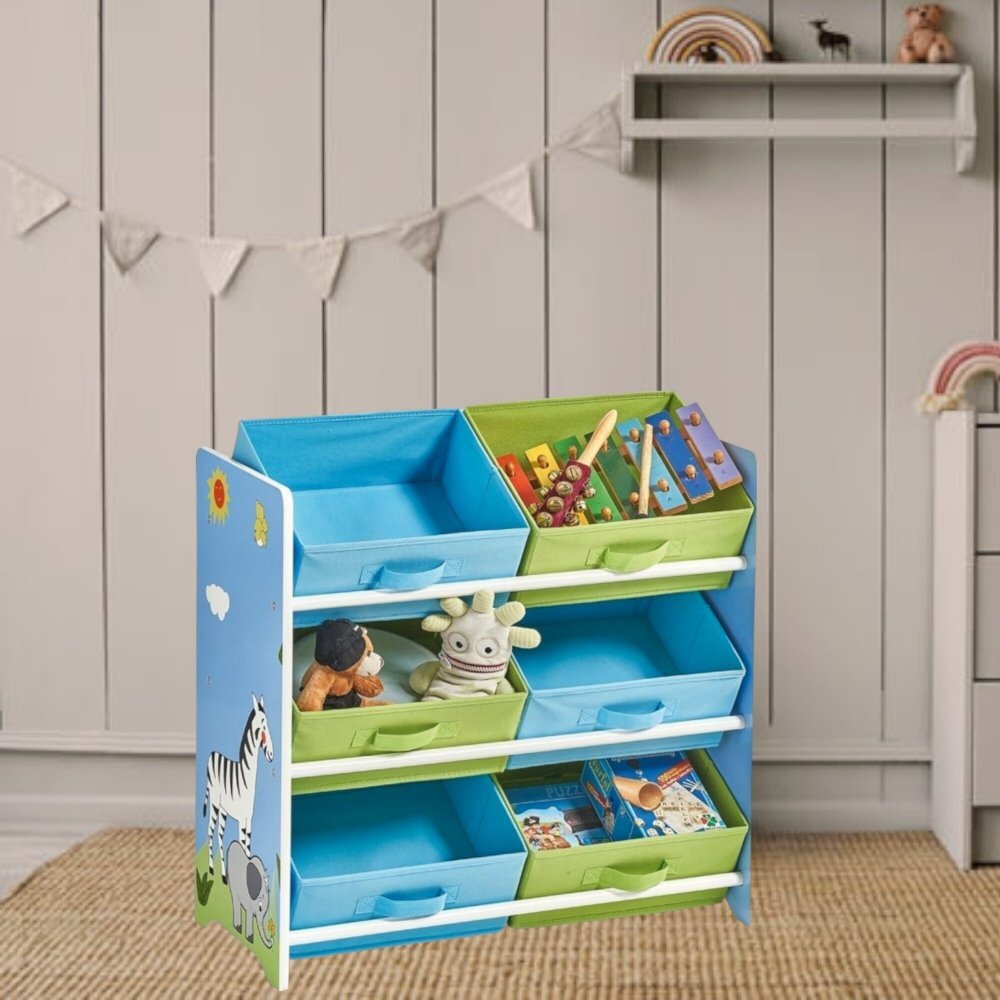 Ginger Home Organizator din lemn pentru jucarii cu 6 cutii textile Savanna