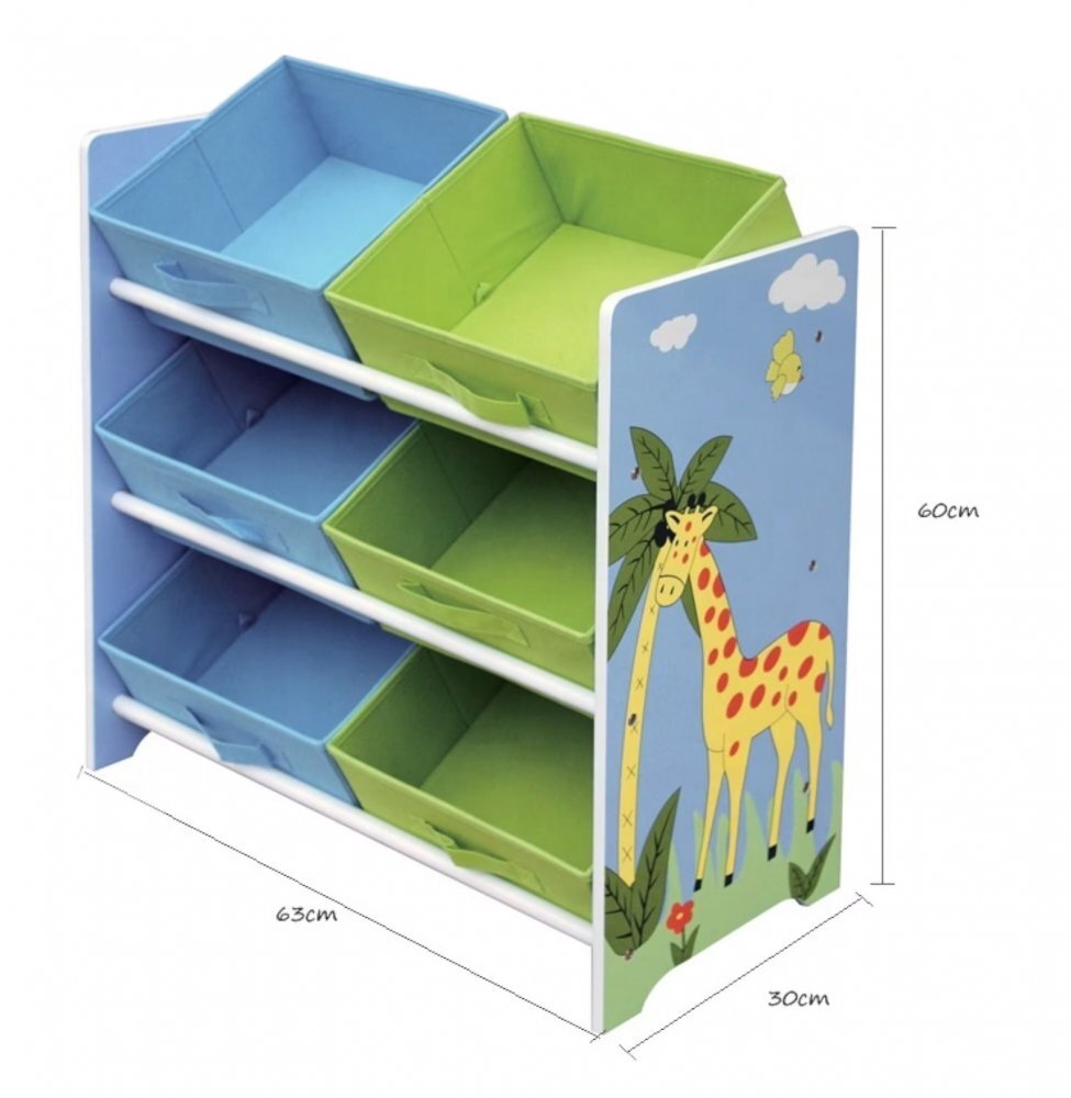 Ginger Home Organizator din lemn pentru jucarii cu 6 cutii textile Savanna