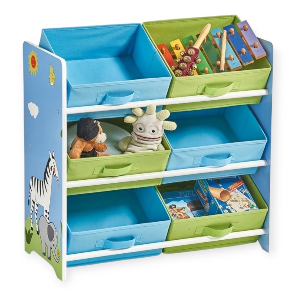 Ginger Home Organizator din lemn pentru jucarii cu 6 cutii textile Savanna