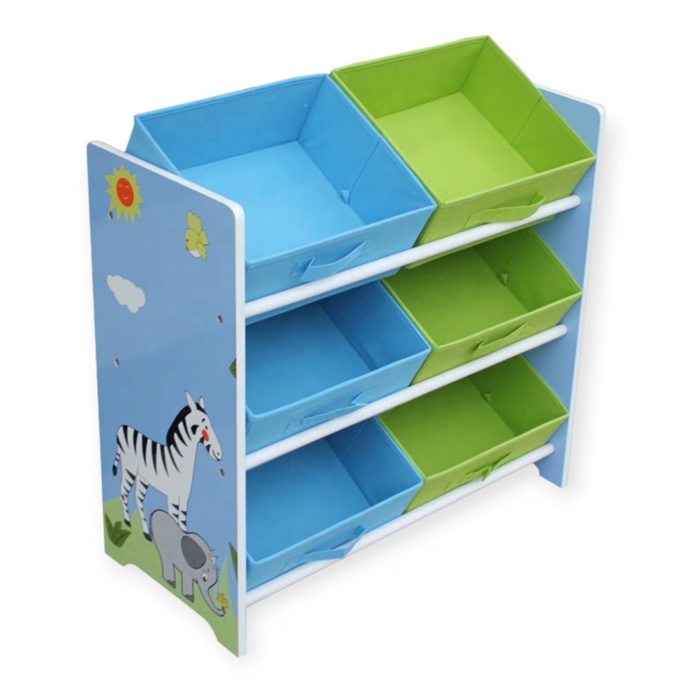 Ginger Home Organizator din lemn pentru jucarii cu 6 cutii textile Savanna
