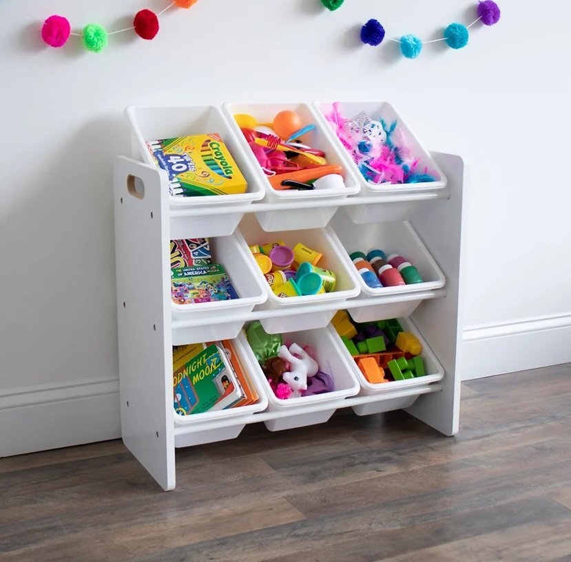 Ginger Home Organizator din lemn pentru jucarii cu 9 cutii din plastic Alb