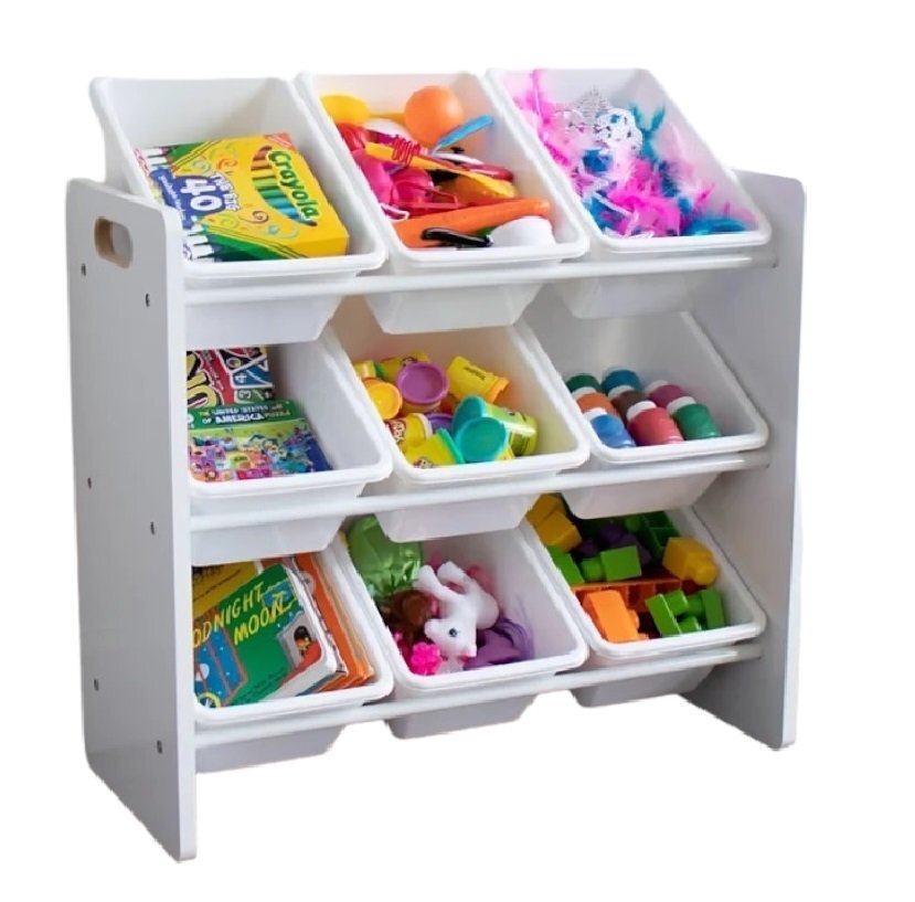 Ginger Home Organizator din lemn pentru jucarii cu 9 cutii din plastic Alb