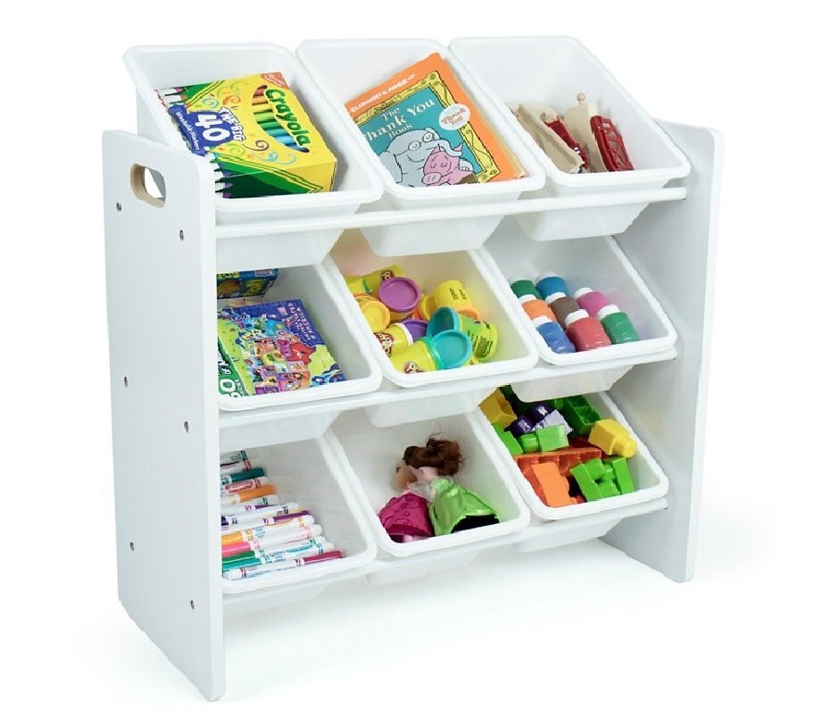 Ginger Home Organizator din lemn pentru jucarii cu 9 cutii din plastic Alb