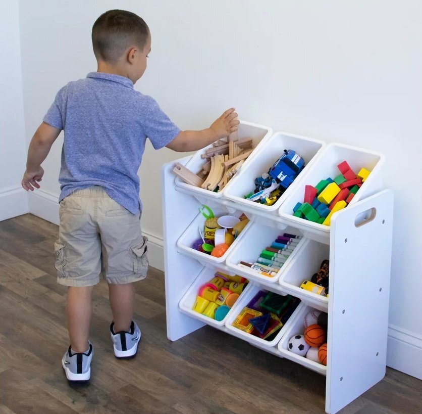Ginger Home Organizator din lemn pentru jucarii cu 9 cutii din plastic Alb