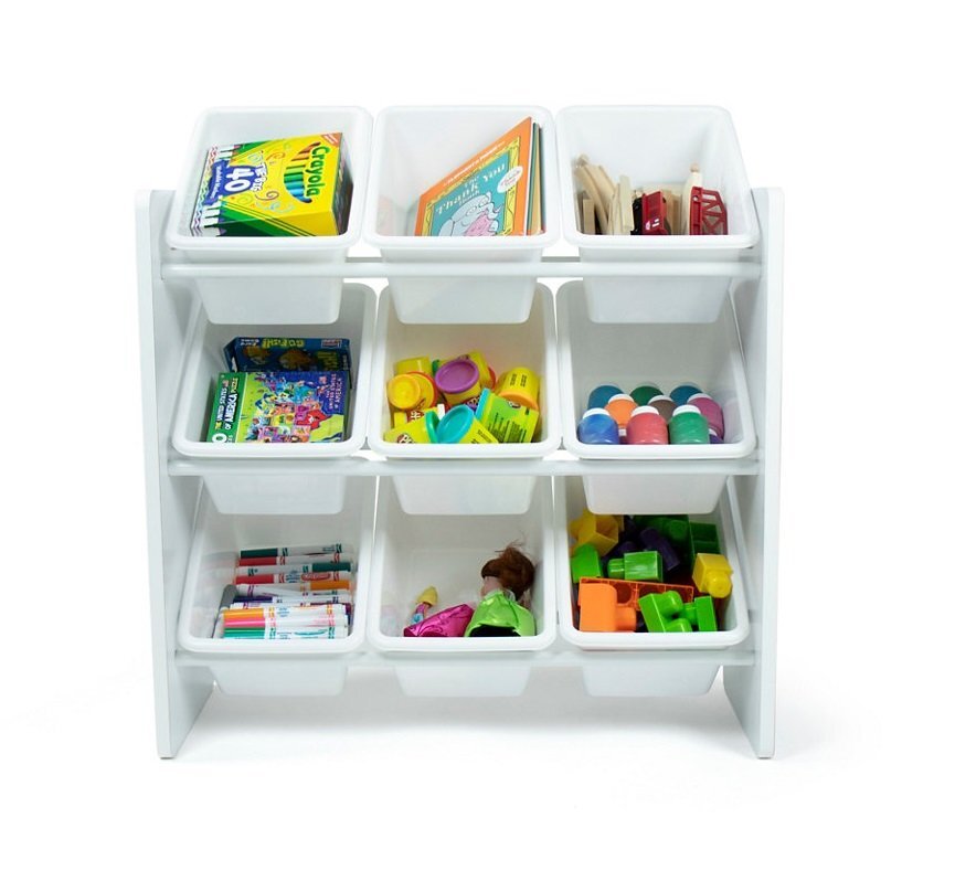 Ginger Home Organizator din lemn pentru jucarii cu 9 cutii din plastic Alb