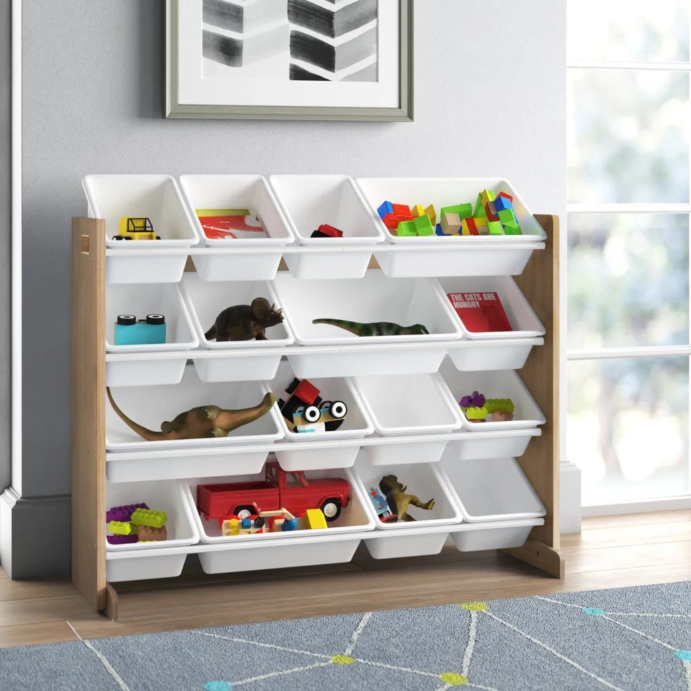 Ginger Home Organizator din lemn Wood Alb pentru jucarii si carticu 16 cutii de depozitare din plastic interschimbabile de diferite dimensiuniutilizare camera copiigradiniteafterschool