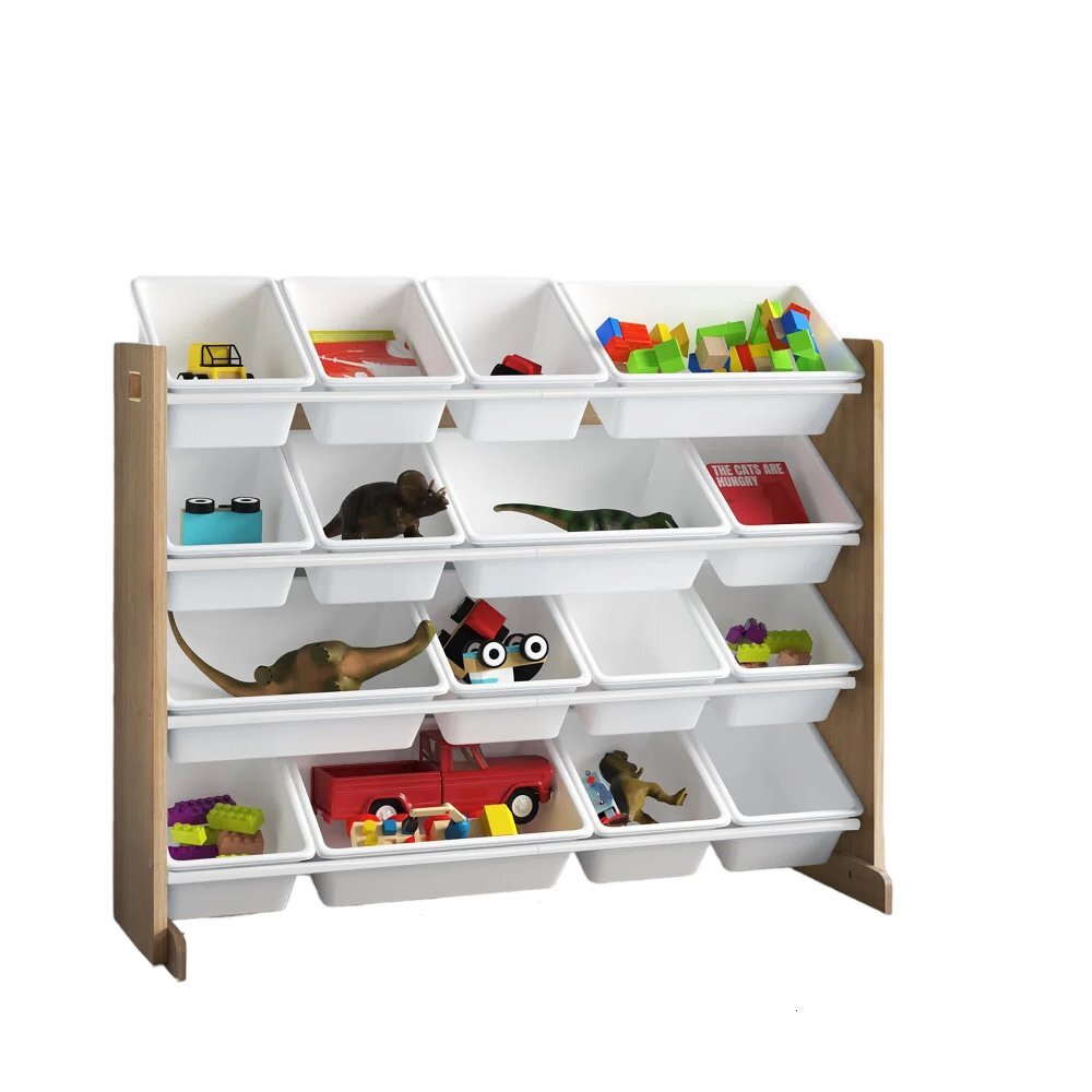 Ginger Home Organizator din lemn Wood Alb pentru jucarii si carticu 16 cutii de depozitare din plastic interschimbabile de diferite dimensiuniutilizare camera copiigradiniteafterschool