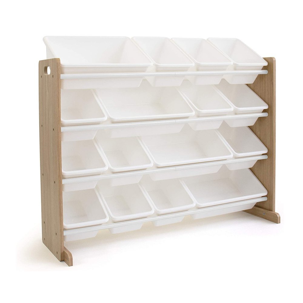 Ginger Home Organizator din lemn Wood Alb pentru jucarii si carticu 16 cutii de depozitare din plastic interschimbabile de diferite dimensiuniutilizare camera copiigradiniteafterschool